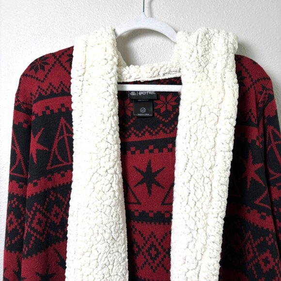 Harry Potter Hot Topic Sherpa Cardigan Hood Womens L Fair Isle Deathly Hallows - Picture 2 of 14